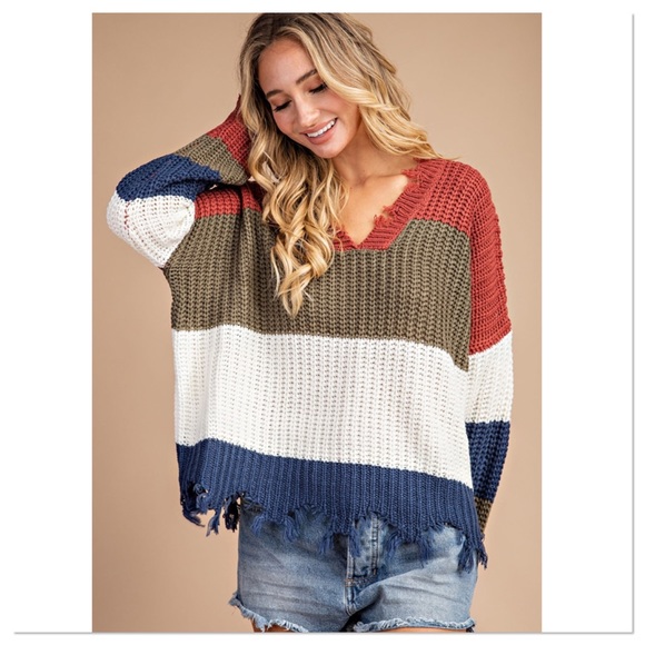 SALE Olive & Ivory Distressed Color Block Sweater - Picture 5 of 5